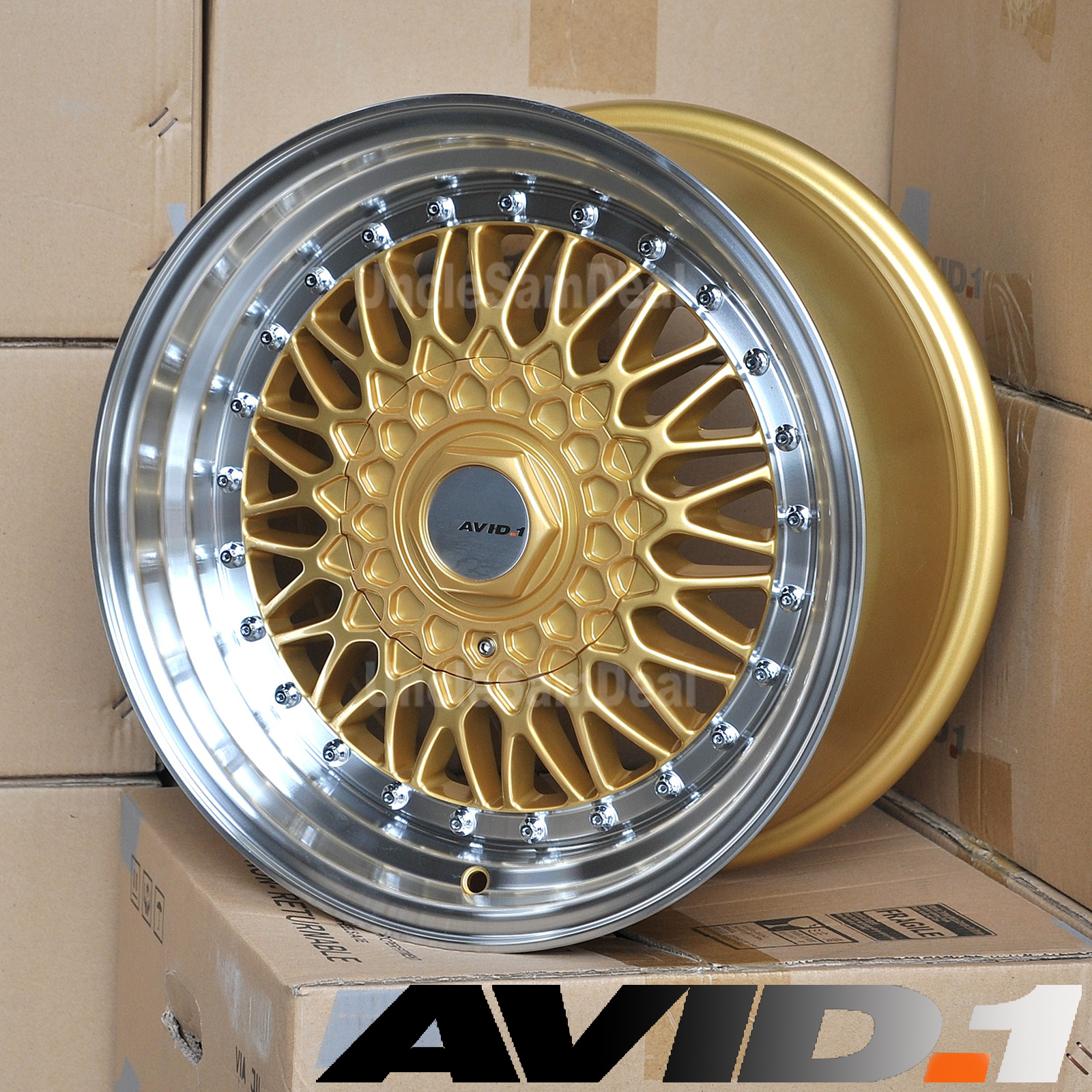 15" 15x8 4x100/114.3 +20 AVID.1 AV05 GOLD MESH POLISH LIP TUNER 4