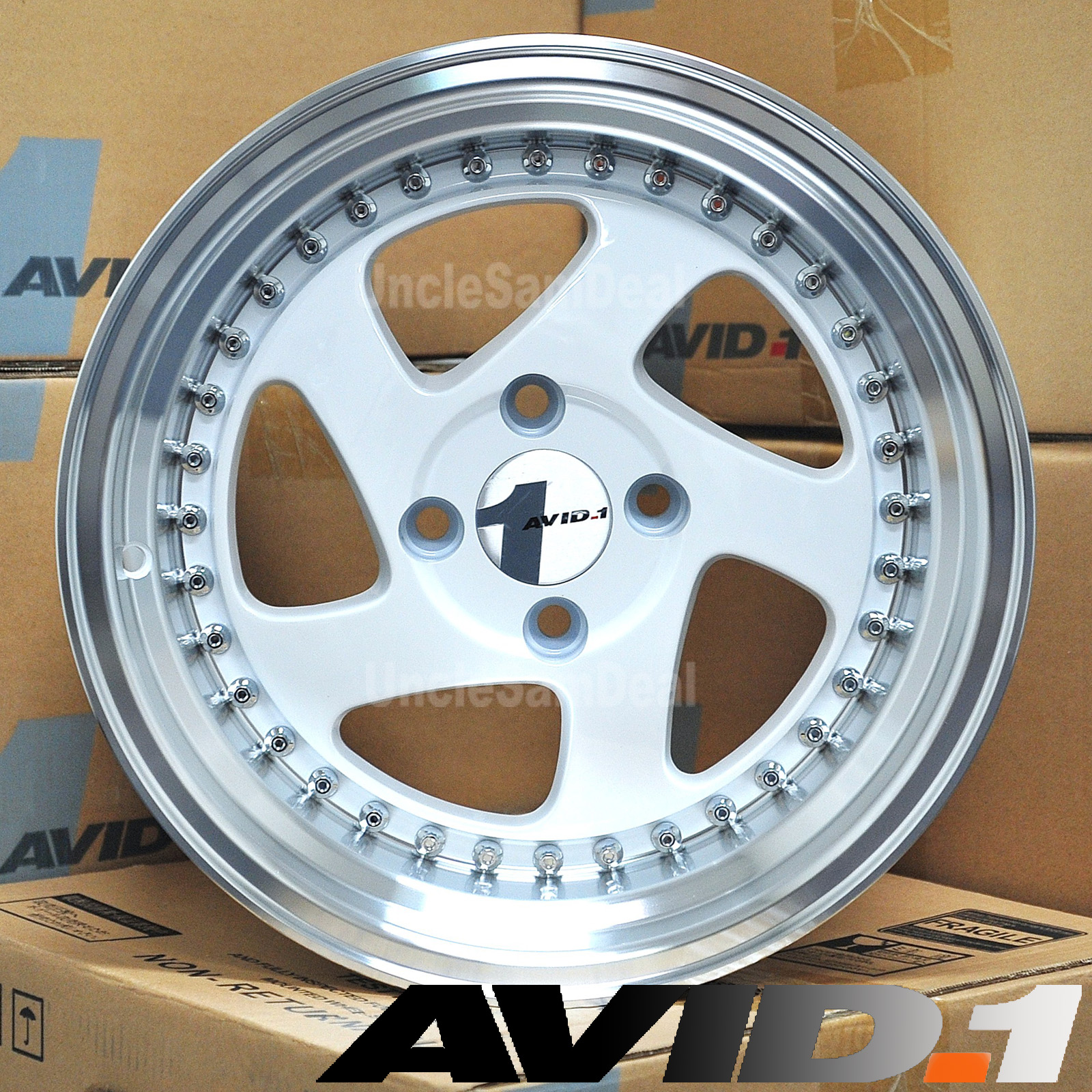 15" 15x8 4x100 +25 AVID.1 AV19 5 SPOKE WHITE BLADE RIVETS TUNER WHEELS