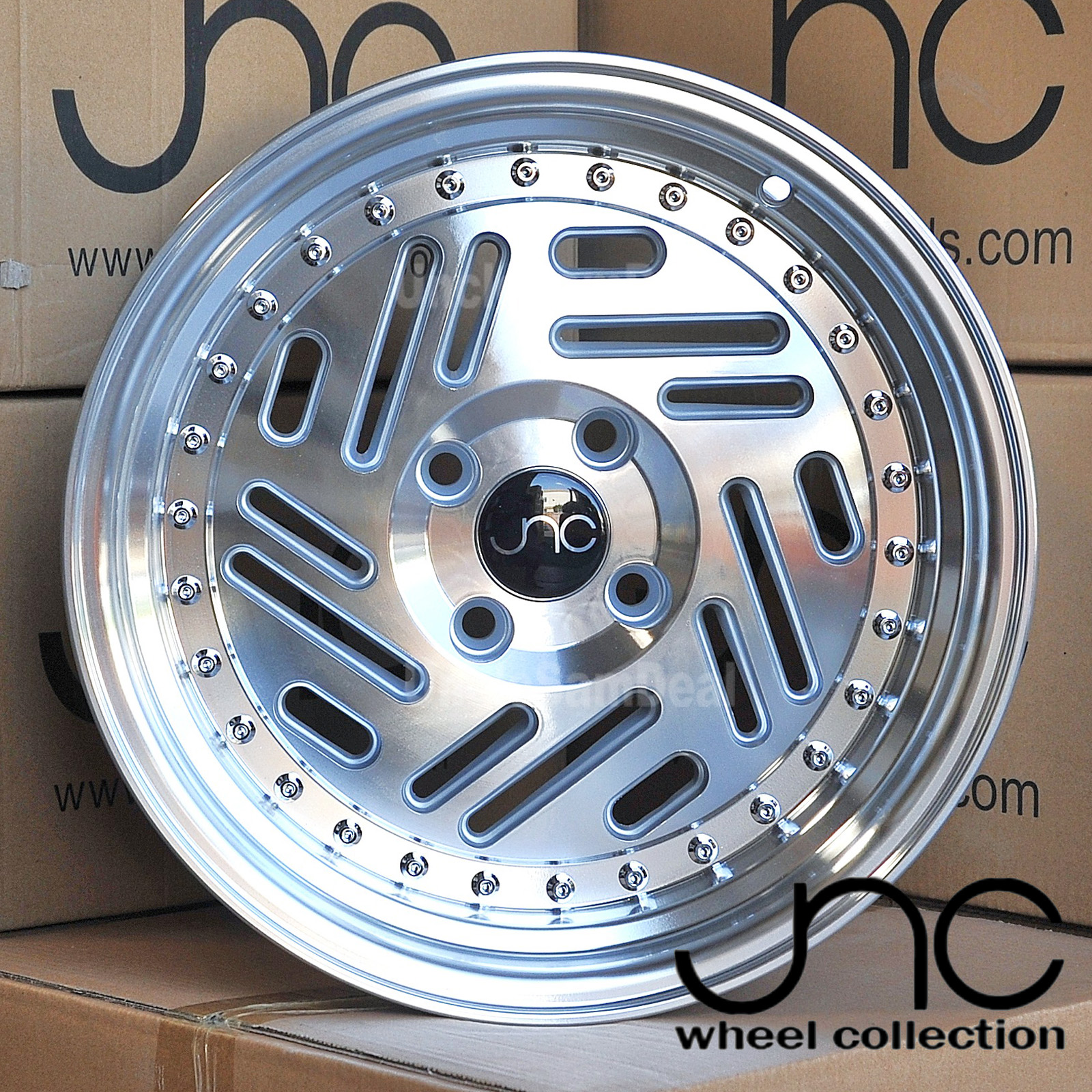 15 15x8 4x100 20 JNC 035 3 LIP MACHINE FACE SILVER RIVET TUNER 