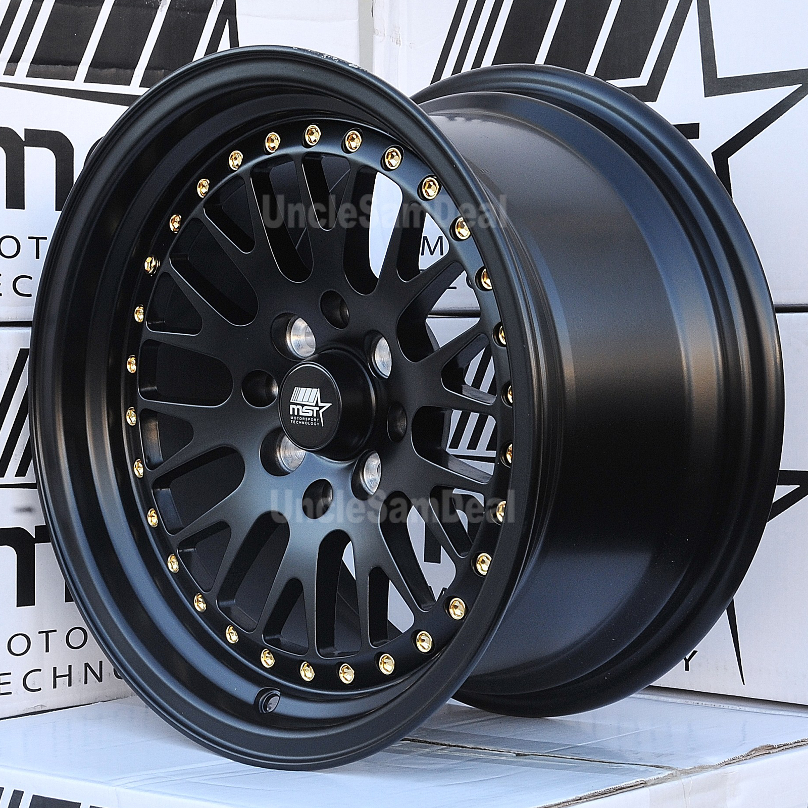 15 15x8 4x100 114 3 25 MST MT10 MATTE BLACK MESH LIP W GOLD RIVETS 15-15x8-4x100-114-3-25-mst-mt10-matte-black-mesh-lip-w-gold-rivets