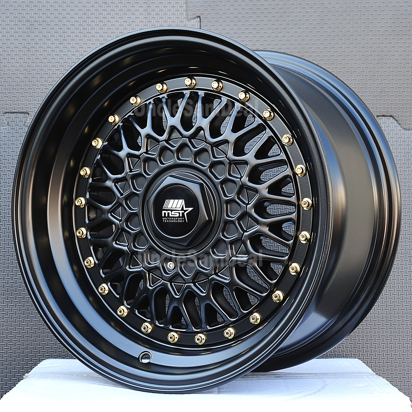 15 15x8 4x100 108 20 OFFSET MST MT13 MATTE BLACK MESH GOLD RIVETS 15-15x8-4x100-108-20-offset-mst-mt13-matte-black-mesh-gold-rivets